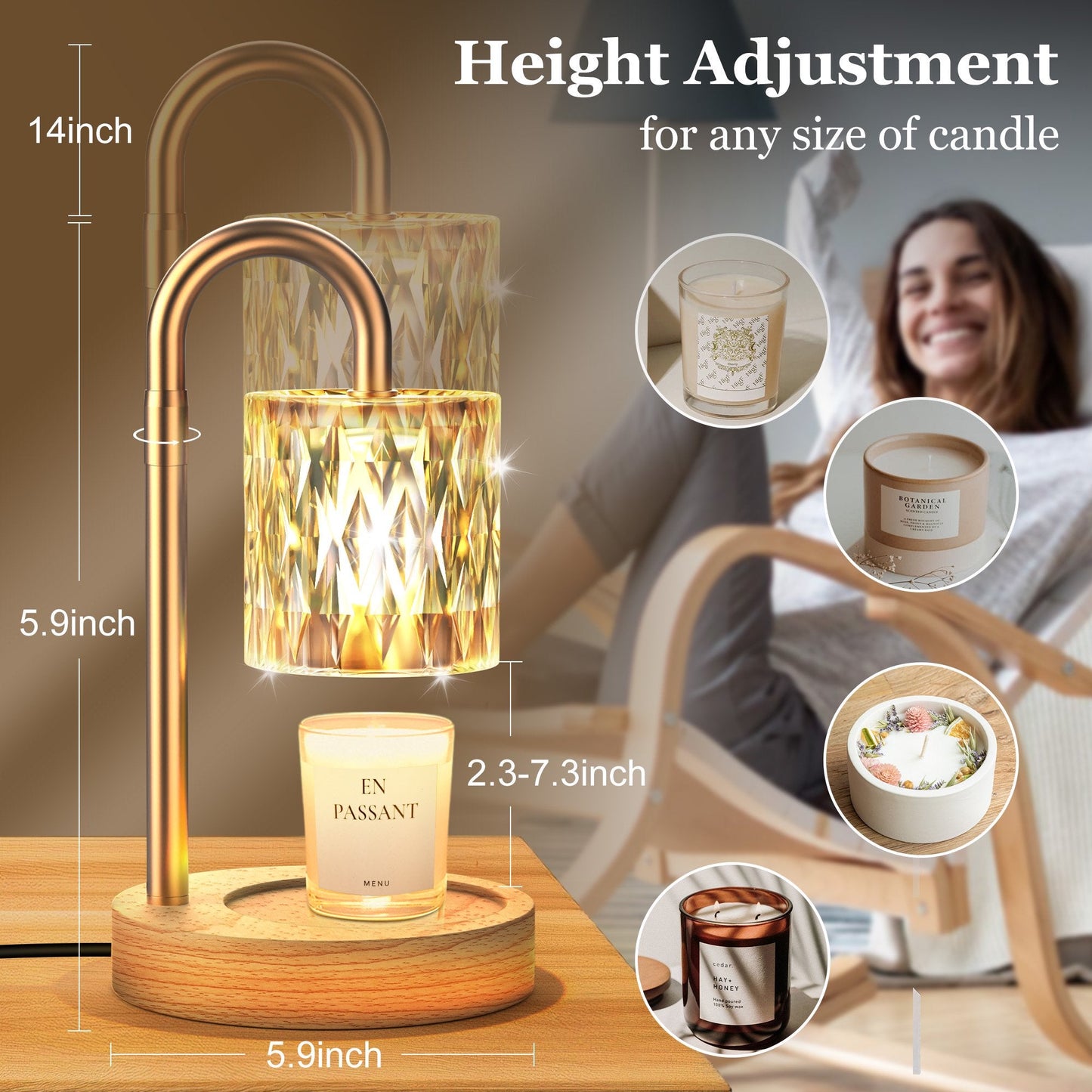 Candle Warmer Lamp with Timer and Adjustable Height, Vintage Home Bedroom Decor, Gifts for Mothers, and Housewarming Gifts, Electric Wax Melt Warmer Lamp with 2 Bulbs （Gold）