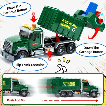 JoyStone Kids Garbage Truck Toy, Friction Powered Recycling Truck with Lights & Sounds, Lift & Rotating Trash Bin Function, 3 Trash Bins, Interactive Toy for 3-8 Years Old