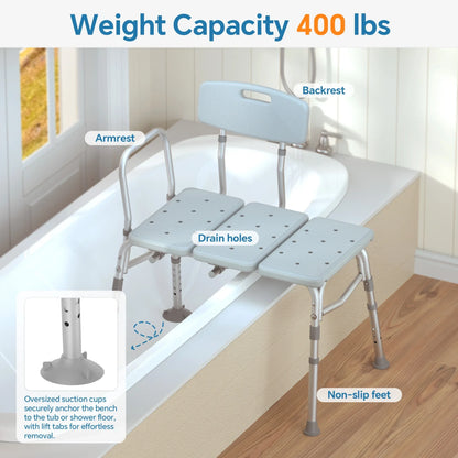 ZOTO Tub Transfer Bench For Bathtub, Height Adjustable Shower Bench with Backrest, Shower Seat Shower Chair Bath Chair for Elderly, Seniors, Arm Support for Transfer, 400 Weight Cap,VBC4