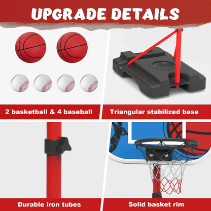 JoyStone 4 in 1 Kids Basketball Hoop and T Ball Set for Kids, Adjustable Height Basketball Hoop, Hanging Tee Ball Stand with Automatic Pitching Machine, Sports Gifts Toys for Boys Girls