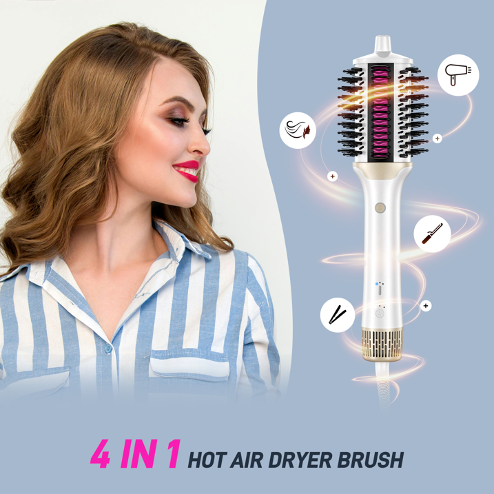 RACCOMB Powerful Hair Dryer Brush, High-Speed Blow Dryer Brush, Hot Air Brush Styler, Hair Streightener, Ionic Heated Round Brush Volumizer, White Gold
