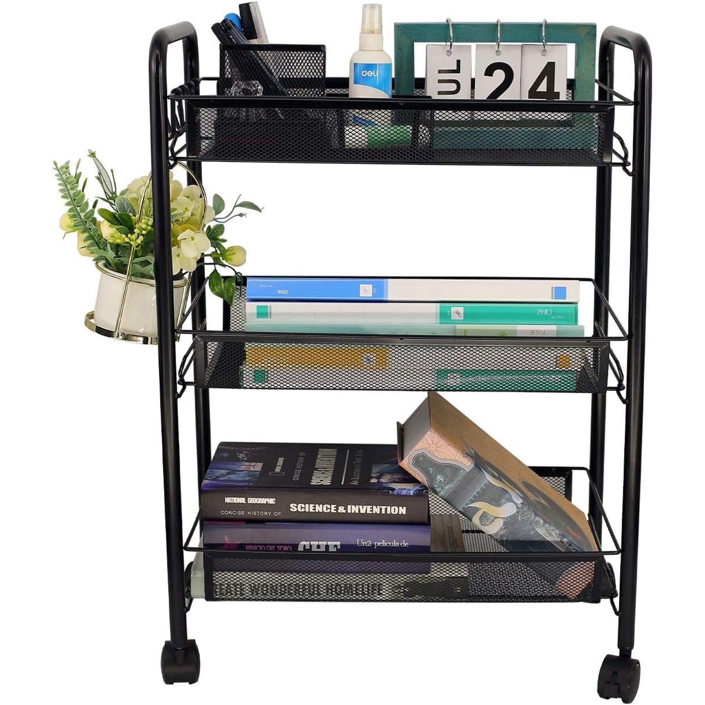 Baokaler 3 Tier Rolling Cart on Wheels, Multifunctional Storage Mesh Cart with 4 Side Hooks, Utility Cart for Home Bathroom Kitchen Office Living Room, Black