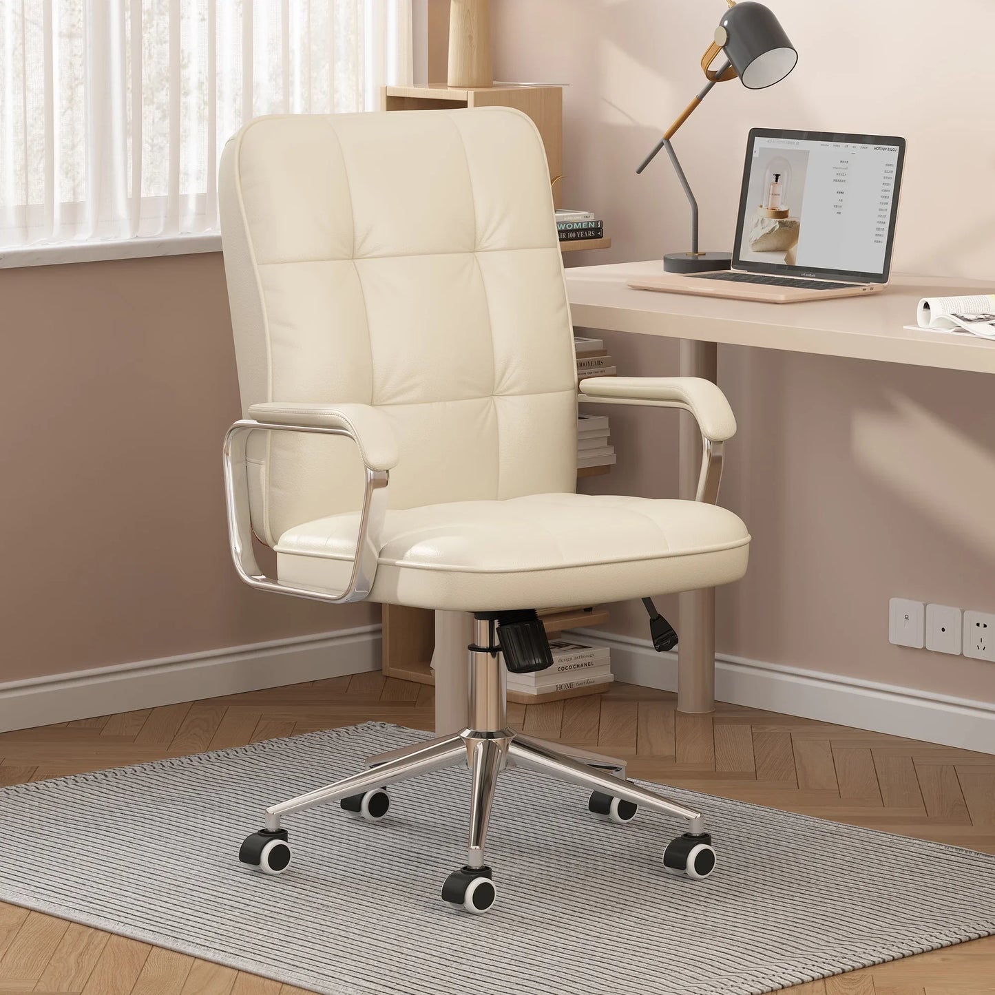 HomeZeer Executive Office Chair 300lbs, Mid Back Support Computer Desk Chairs with Armrests, Height Adjustable Ergonomic Task Chair for Home Office PU Leather Rolling Swivel Office Chair, White