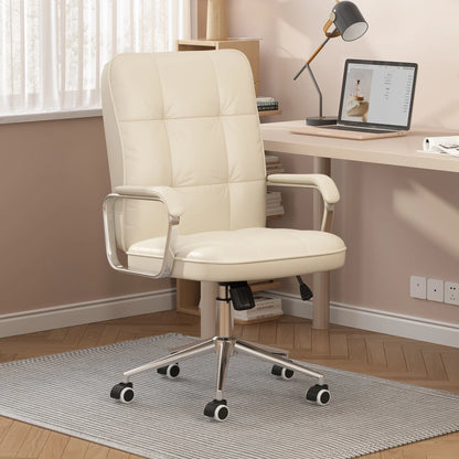 HomeZeer Executive Office Chair 300lbs, Mid Back Support Computer Desk Chairs with Armrests, Height Adjustable Ergonomic Task Chair for Home Office PU Leather Rolling Swivel Office Chair, White