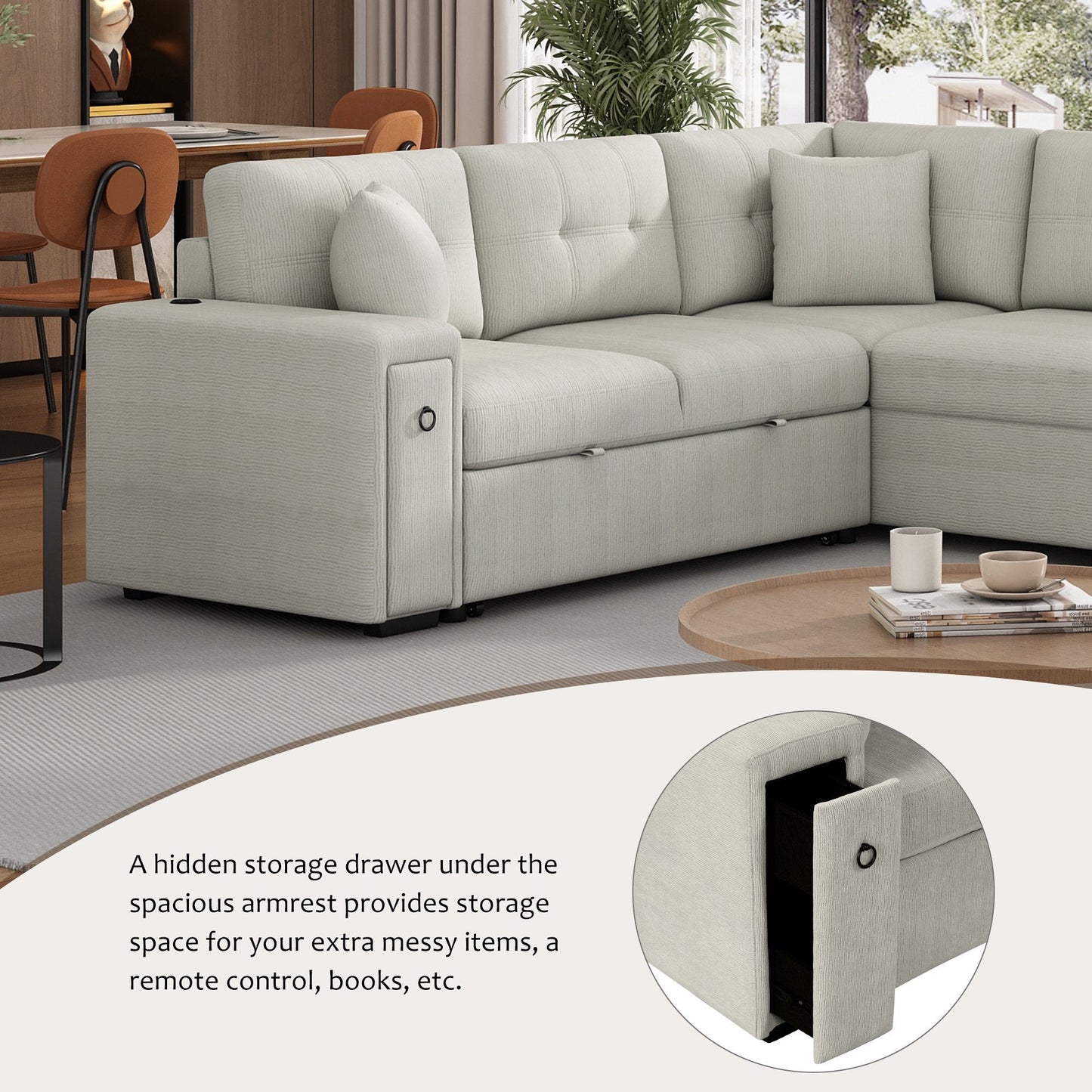 Churanty Sectional Sleeper Sofa with Pull Out Bed, L-Shape Sectional Corner Couch with Movable Ottoman, Chenille Sectional Sofa with USB Ports and Cup Holders for Living Room, Grey