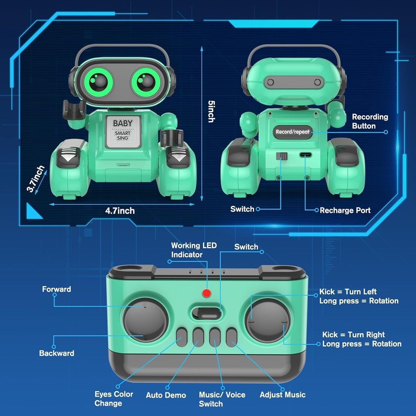 Robot Toys for Boys Girls，Remote Control Robot Toy，RC Robots for Kids with Colorful LED Eyes & Music，Rechargeable RC Robots for Kids, Smart Tank Robot Toy，Gift for Children Age 3 Years and Up - Green