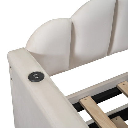 MODERNLUXE Twin Size Daybed with Trundle,Velvet Upholstered Day Bed Frame with USB Charging Ports and Side Pocket,Wood Slat Support,No Box Spring Needed,White