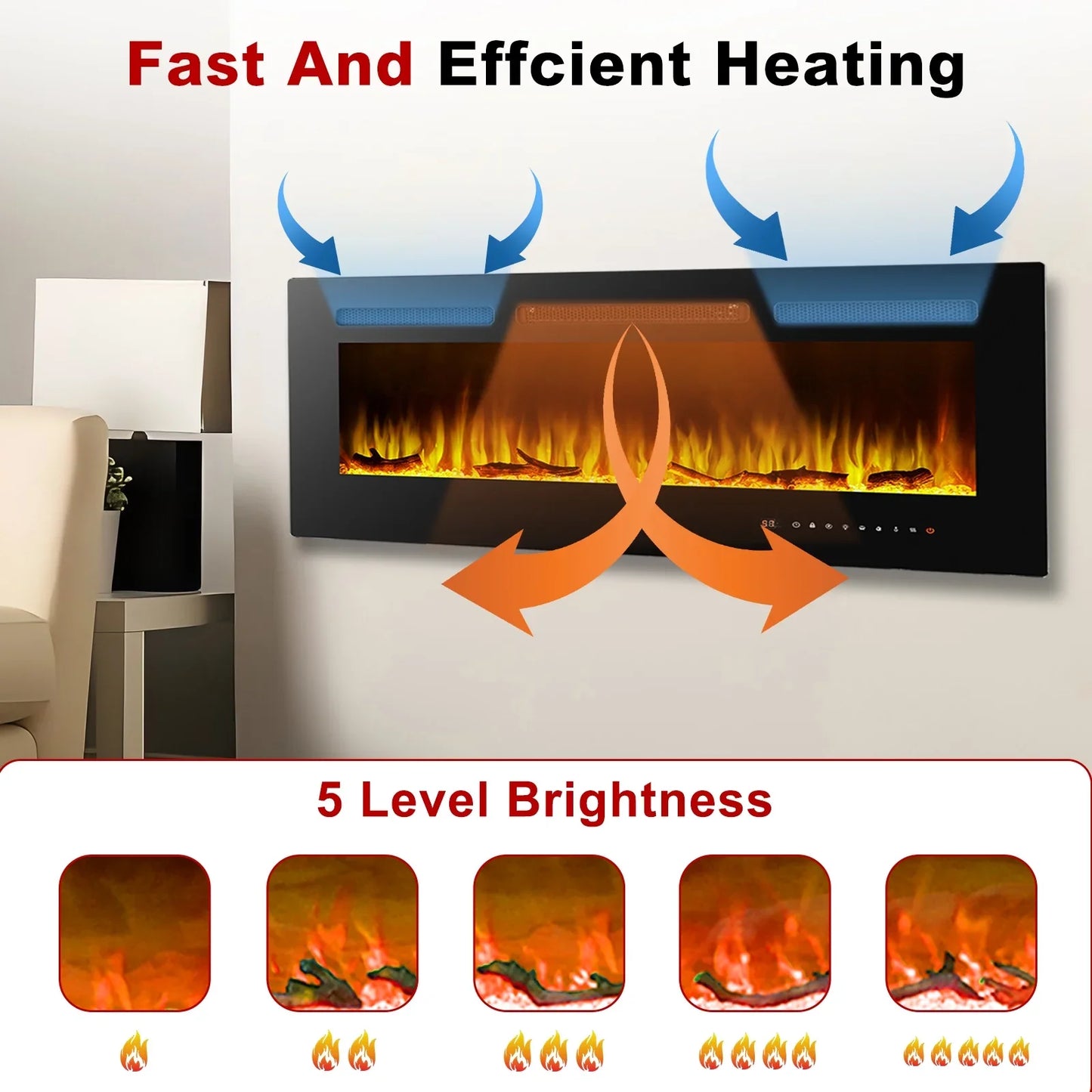 60 inch Electric Fireplace in-Wall Recessed, Wall Mounted Fireplace Heater, Linear Fireplace with Multicolor Flame, Timer, Low Noise, 750/1500W, Touch Screen & Remote Control