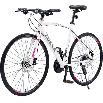 24 Speed Road Bike for Men Women, 700C Aluminum Flat Bar Road Bike with Disc Brakes, White