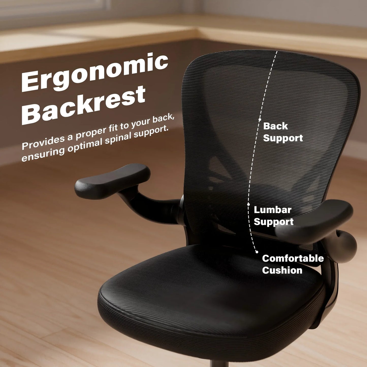 Ninecer Mesh Office Chair, Ergonomic Desk Chair with Flip-up Armrest, Swivel Computer Desk Chair for Adult, Black