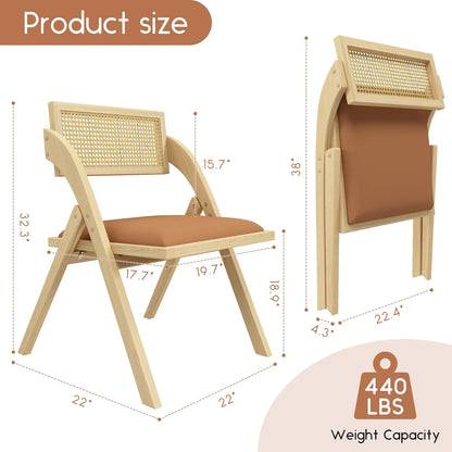 Ninecer Modern Dining Chair, Folding Wooden Dining Chair with Rattan Backrest, Brown (Set of 2)