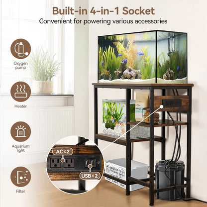 Fish Tank Stand with Power Outlets, 20-37 Gallon Metal Aquarium Stand with 3-Tier Storage Shelf, Heavy Duty Fish Tank Rack, Brown