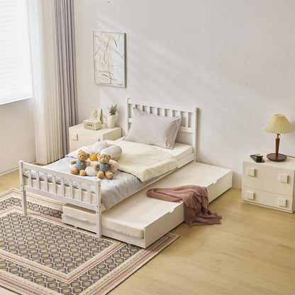 Zimtown Twin Bed with Trundle, Solid Wood Bed Frames with Headboard and Wooden Slats Support, Twin Trundle Bed Frame Roll Out, White