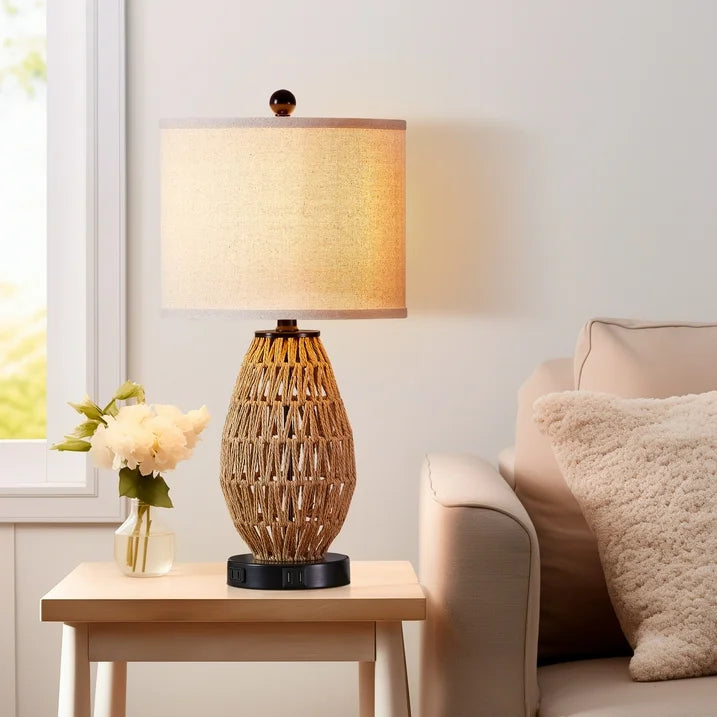 Cinkeda Rattan Touch Table Lamps with USB Ports AC Outlet Modern 3 Way Dimmable Bedside Nightstand Lamp Set of 2 for Living Room Bedroom