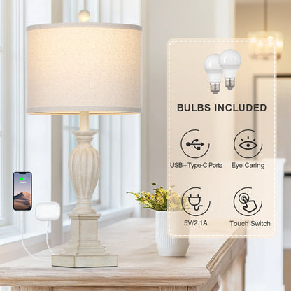 Cinkeda 3 Way Dimmable Table Lamp Set of 2 with USB A C Ports AC Outlet for Bedroom Living Room 27 Touch Control Farmhouse Resin Bedside Nightstand Lamps