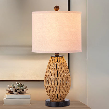 Cinkeda Rattan Touch Table Lamps with USB Ports AC Outlet Modern 3 Way Dimmable Bedside Nightstand Lamp Set of 2 for Living Room Bedroom
