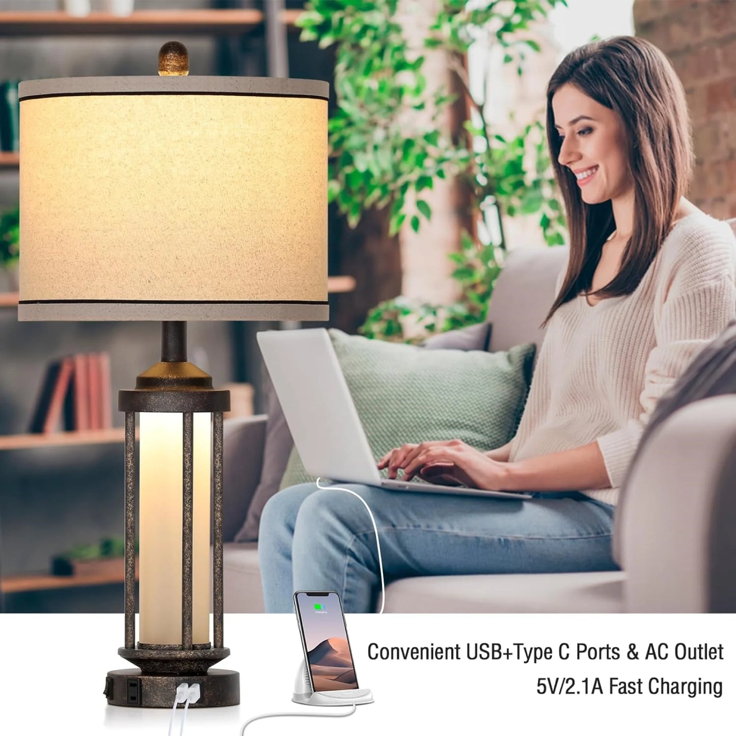 Cinkeda Table Lamps with USB A C Charging Ports AC Outlet Glass Night Light Vintage Industrial Gold Bedside Lamp Set of 2 for Living Room Bedroom Office