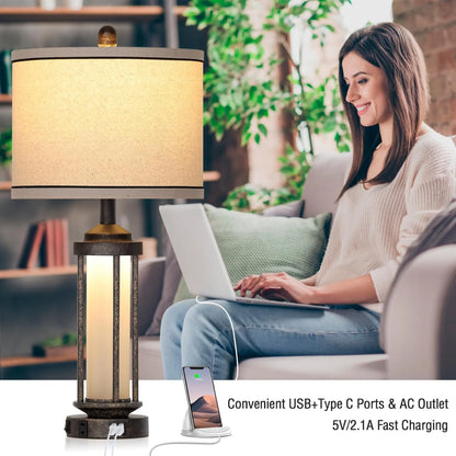 Cinkeda Table Lamps with USB A C Charging Ports AC Outlet Glass Night Light Vintage Industrial Gold Bedside Lamp Set of 2 for Living Room Bedroom Office