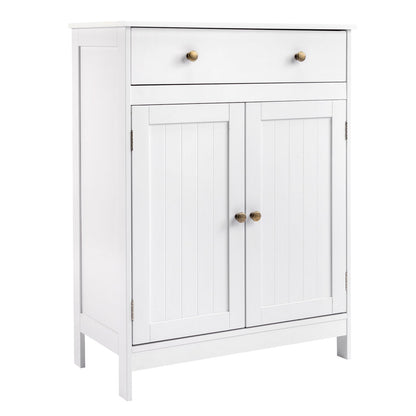 Zimtown White Wooden 2-Door Bathroom Cabinet Storage Organizer with 2 Shelves& 1 Drawer Free Standing