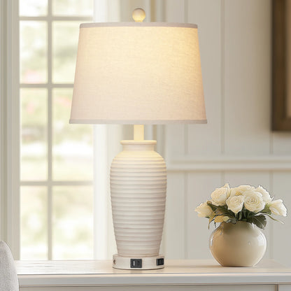 Cinkeda 24 Touch Control Single Table Lamp with USB Type C Ports AC Outlet Farmhouse White Resin Jar 3 Way Dimmable Nightstand Bedside Lamp for Living Room Bedroom