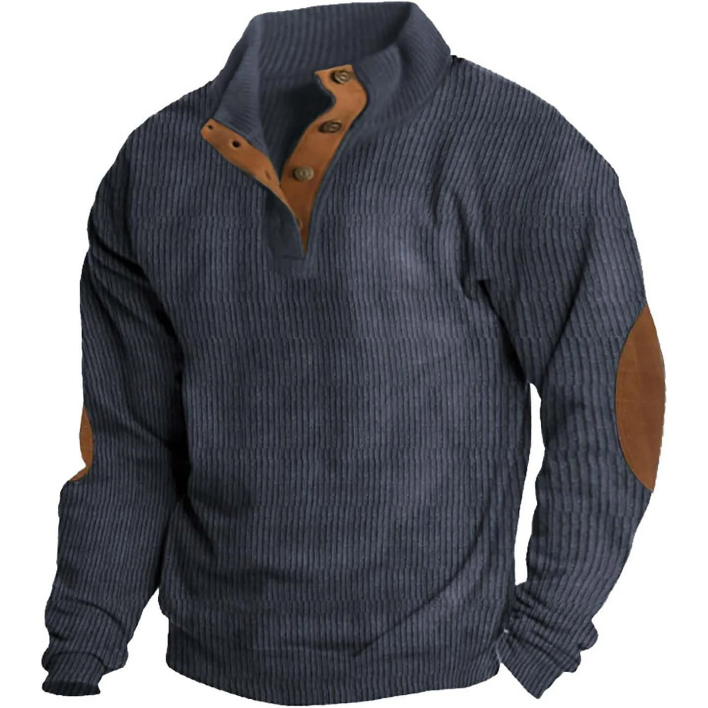 HOYUFEI Mens Corduroy Shirt Lapel Collar Button Up Pullover Mock Neck Long Sleeve Sweaters Polo Sweatshirts with Elbow Patches