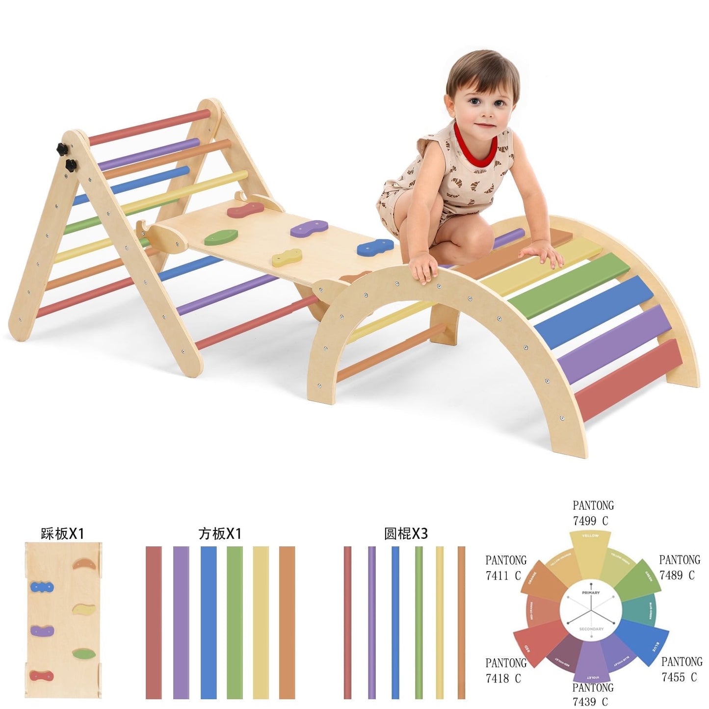Pikler Triangle Set, RongTrading 8 in 1 Montessori Climbing Set, Wooden Climbing Toys, with Arch, Ramp, Ladder, Tent and Cushion, Indoor Jungle Gym for Toddlers 0.5-6 Years Old, Rainbow