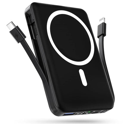 Podoru Wireless Portable Charger, 10000mAh Magnetic Power Bank Built-in USB C Lighting Cables 22.5W PD Fast Charging LED Display Battery Pack for for iPhone 16 15 14 13 12  Black