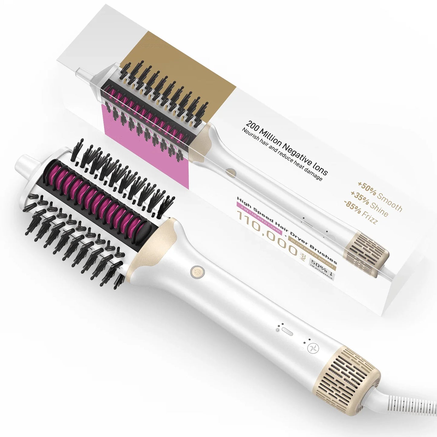 RACCOMB Powerful Hair Dryer Brush, High-Speed Blow Dryer Brush, Hot Air Brush Styler, Hair Streightener, Ionic Heated Round Brush Volumizer, White Gold
