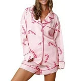 Women Christmas Satin Pajamas Sets Y2k PJs 2 Piece Outfits Long Sleeve Button Down Shirt and Shorts Set Holiday Sleepwear Loungewear