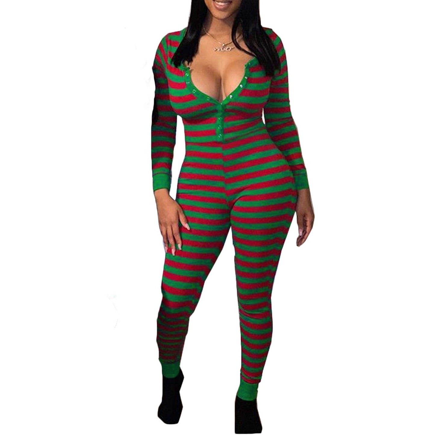 Women Christmas Striped One Piece Pajamas Button Down Bodycon Jumpsuit Long Sleeve Romper Sleepwear Xmas Holiday Pjs Loungewear