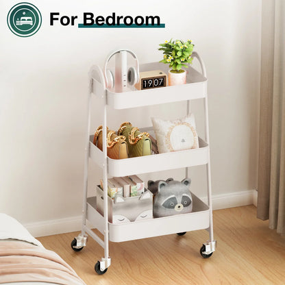 CONCETTA 3 Tier Utility Rolling Cart, Metal Mobile Storage Cart with Lockable Caster Wheels, Storage Shelves Organizer Cart for Livingroom, Bathroom, Kitchen, & Narrow Places, White
