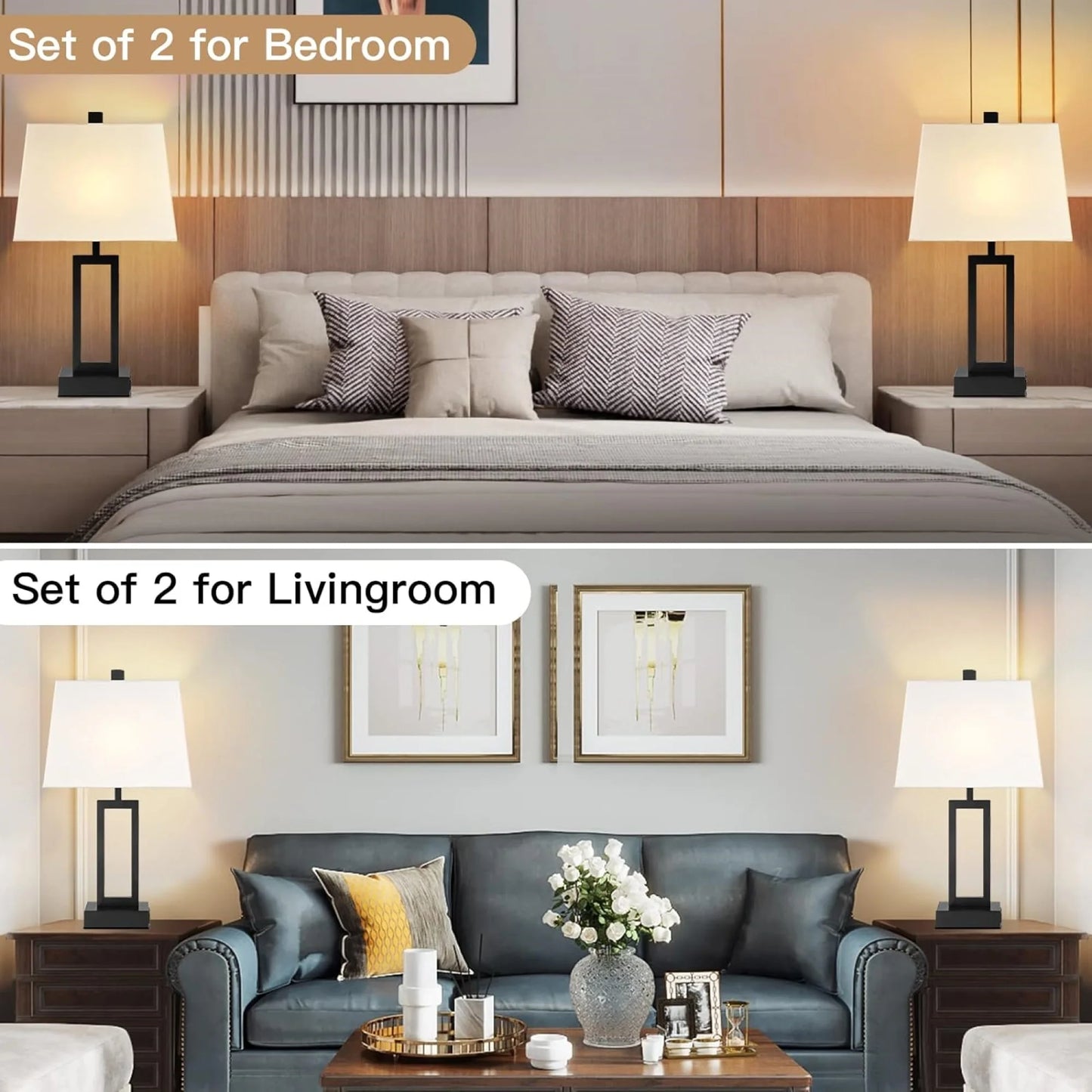 Cinkeda 3 Way Dimmable Touch Table Lamp Set of 2 with USB Ports AC Outlet Modern Rectangle Nightstand Bedside Lamps for Living Room Bedroom