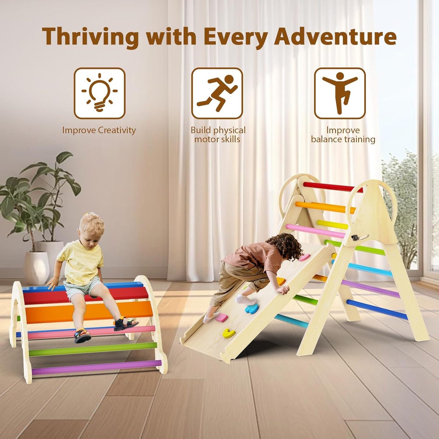 Pikler Triangle Set, RongTrading 8 in 1 Montessori Climbing Set, Wooden Climbing Toys, with Arch, Ramp, Ladder, Tent and Cushion, Indoor Jungle Gym for Toddlers 0.5-6 Years Old, Rainbow