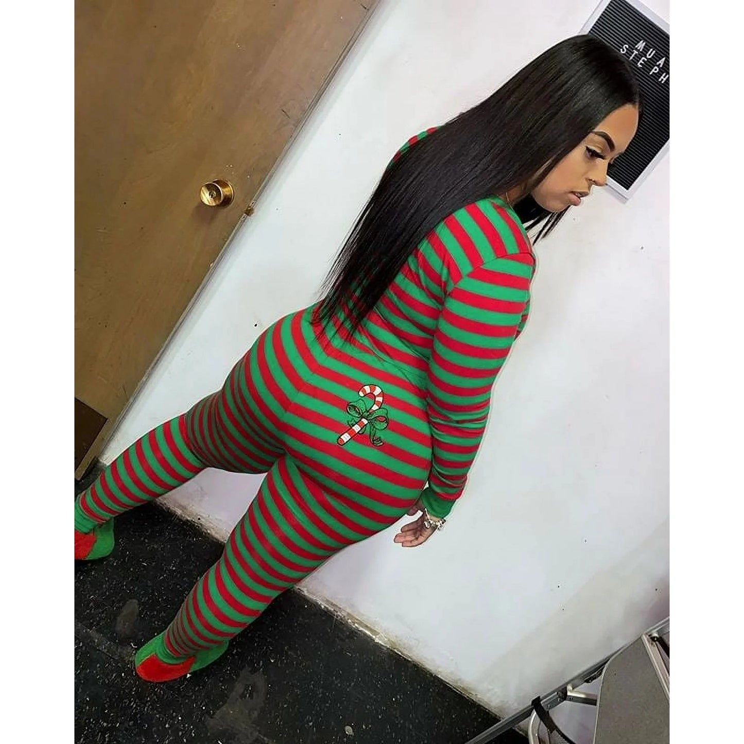 Women Christmas Striped One Piece Pajamas Button Down Bodycon Jumpsuit Long Sleeve Romper Sleepwear Xmas Holiday Pjs Loungewear
