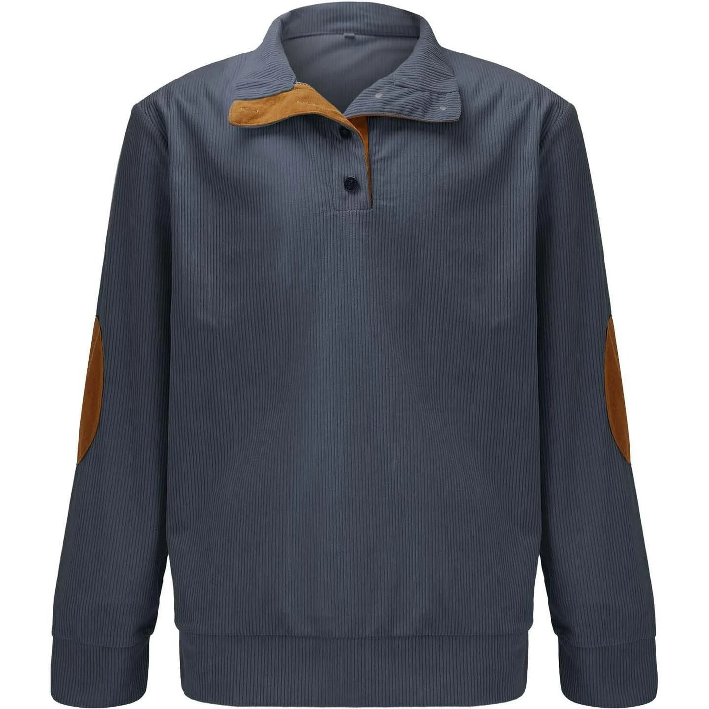 HOYUFEI Mens Corduroy Shirt Lapel Collar Button Up Pullover Mock Neck Long Sleeve Sweaters Polo Sweatshirts with Elbow Patches