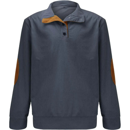 HOYUFEI Mens Corduroy Shirt Lapel Collar Button Up Pullover Mock Neck Long Sleeve Sweaters Polo Sweatshirts with Elbow Patches