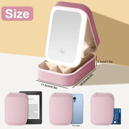 Portable LED Makeup Mirror Case with 3 Adjustable Color Light Settings, Dust-Proof Jewelry Case, Cosmetic Organizer and Multi-Compartment Storage Box for Women (Pink)