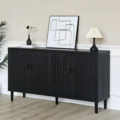Wooden Storage Cabinet with 4 Doors, Modern Black Accent Cabinet, Free Standing Cabinet, Wooden Buffet Sideboards for Bedroom, Kitchen, Home Office