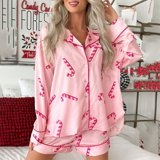 Women Christmas Satin Pajamas Sets Y2k PJs 2 Piece Outfits Long Sleeve Button Down Shirt and Shorts Set Holiday Sleepwear Loungewear