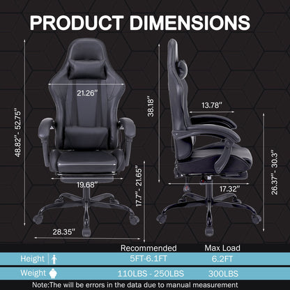 Black Gaming Chair with Footrest and Massage Ergonomic Video Gamer Chair for Adults Leather Gaming Chair High Back Swivel Reclining Computer Chair for Home Office