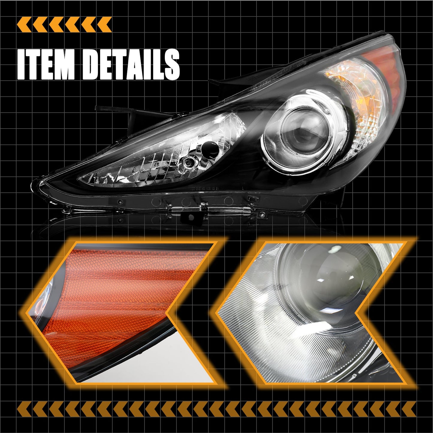 Pair Headlights Assembly For 2011-2014 Hyundai Sonata Black Projector Headlamps
