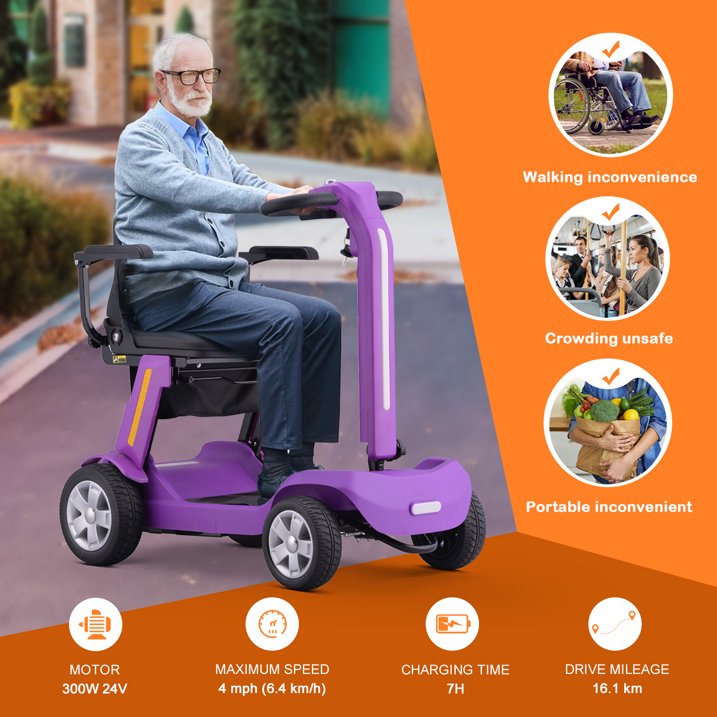 SUNDERWELL 4 Wheels Mobility Scooter for Adults  Senior, Foldable Lightweight Powered Device for Travel, with LED Strip Light, Storage Bag, Charger Included, No Assemble Required (Purple)