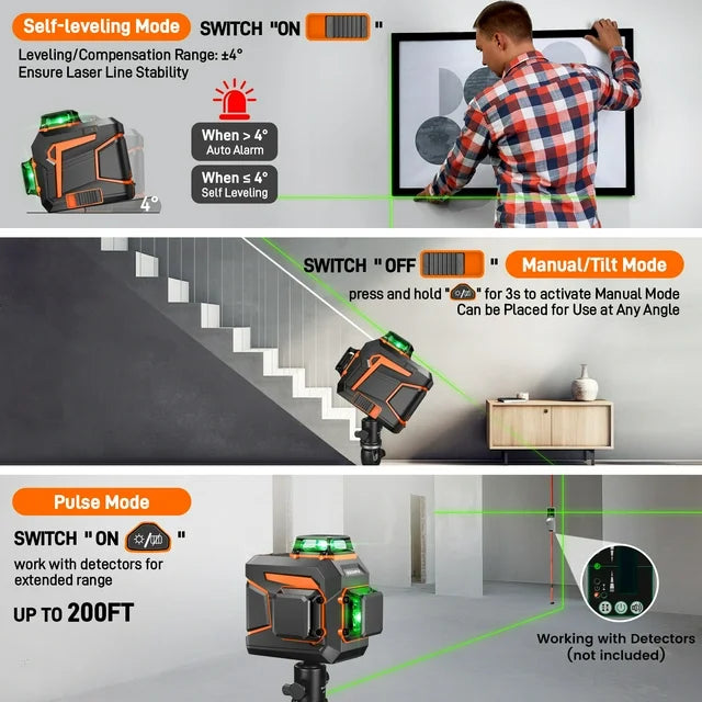Laser Level, GOCHIFIX 12 Lines 3x360 3 Modes Green Cross Laser Level Self Leveling with 360 Rotating Bracket,Remote Control,Rechargeable Battery and Carry Pouch Included,IP54,100 FT Working Range ﻿