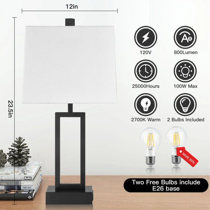 Cinkeda 3 Way Dimmable Touch Table Lamp Set of 2 with USB Ports AC Outlet Modern Rectangle Nightstand Bedside Lamps for Living Room Bedroom