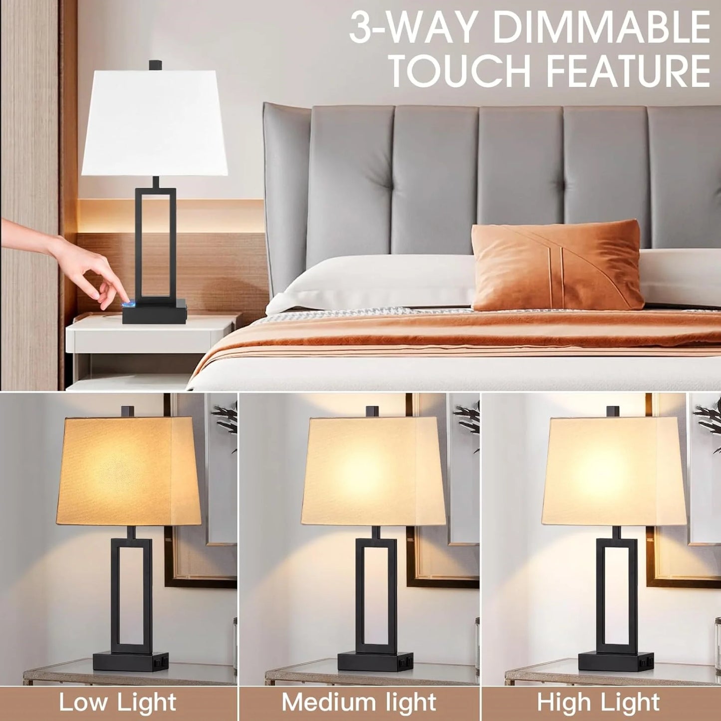 Cinkeda 3 Way Dimmable Touch Table Lamp Set of 2 with USB Ports AC Outlet Modern Rectangle Nightstand Bedside Lamps for Living Room Bedroom