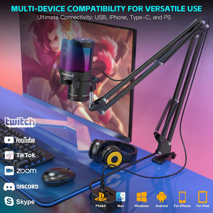 ZealSound Gaming USB Microphone,Noise Cancellation Condenser mic with Touch Mute,Gain,Monitoring,Boom Arm for Streaming,Podcast,Twitch,YouTube,Discord,iPhone,iPad,PC,Computer,PS4,PS5,Mac,GamerWave