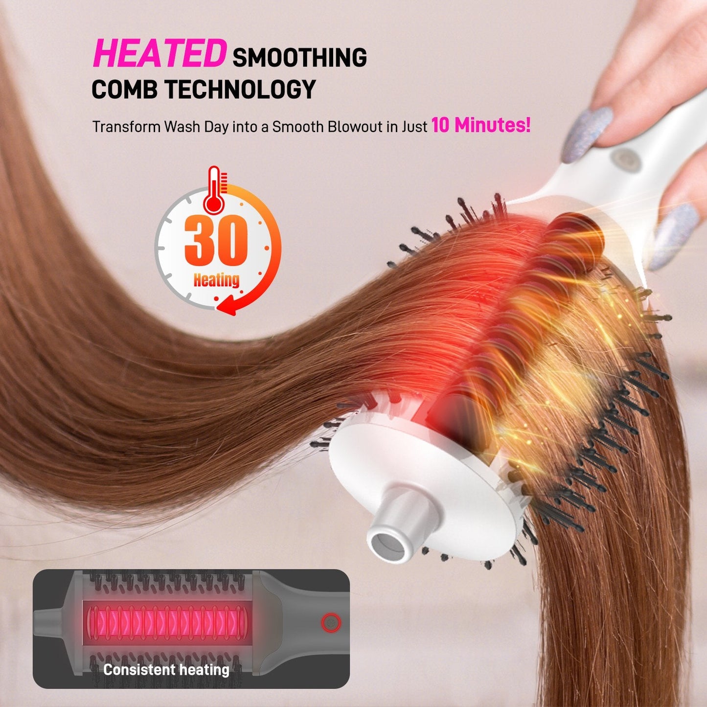 RACCOMB Powerful Hair Dryer Brush, High-Speed Blow Dryer Brush, Hot Air Brush Styler, Hair Streightener, Ionic Heated Round Brush Volumizer, White Gold