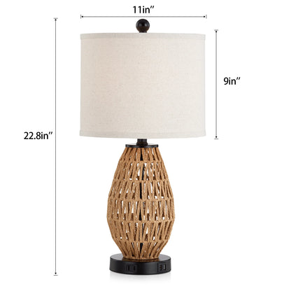 Cinkeda Rattan Touch Table Lamps with USB Ports AC Outlet Modern 3 Way Dimmable Bedside Nightstand Lamp Set of 2 for Living Room Bedroom